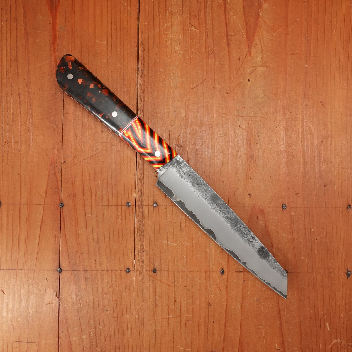 Silverthorn 6" Petty Knife Nashiji Kurouchi San Mai Stainless Clad O1 Carbon Steel G10s