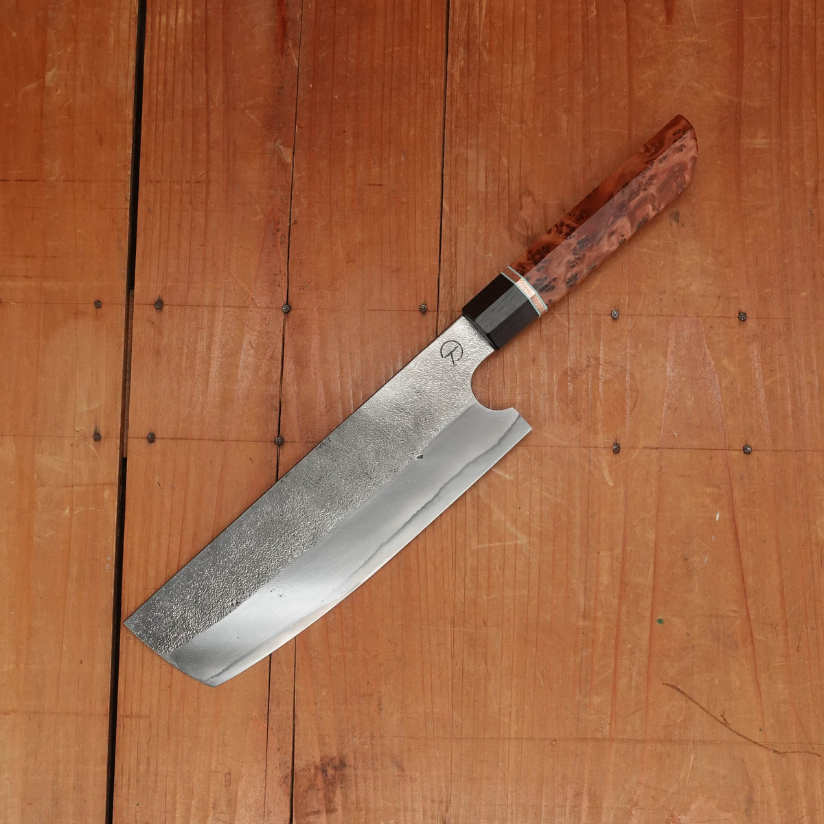 Alma Knife Co. 180mm Nakiri Sanmai Stainless Clad 26c3 Nashiji Thuya Burl African Blackwood Handle