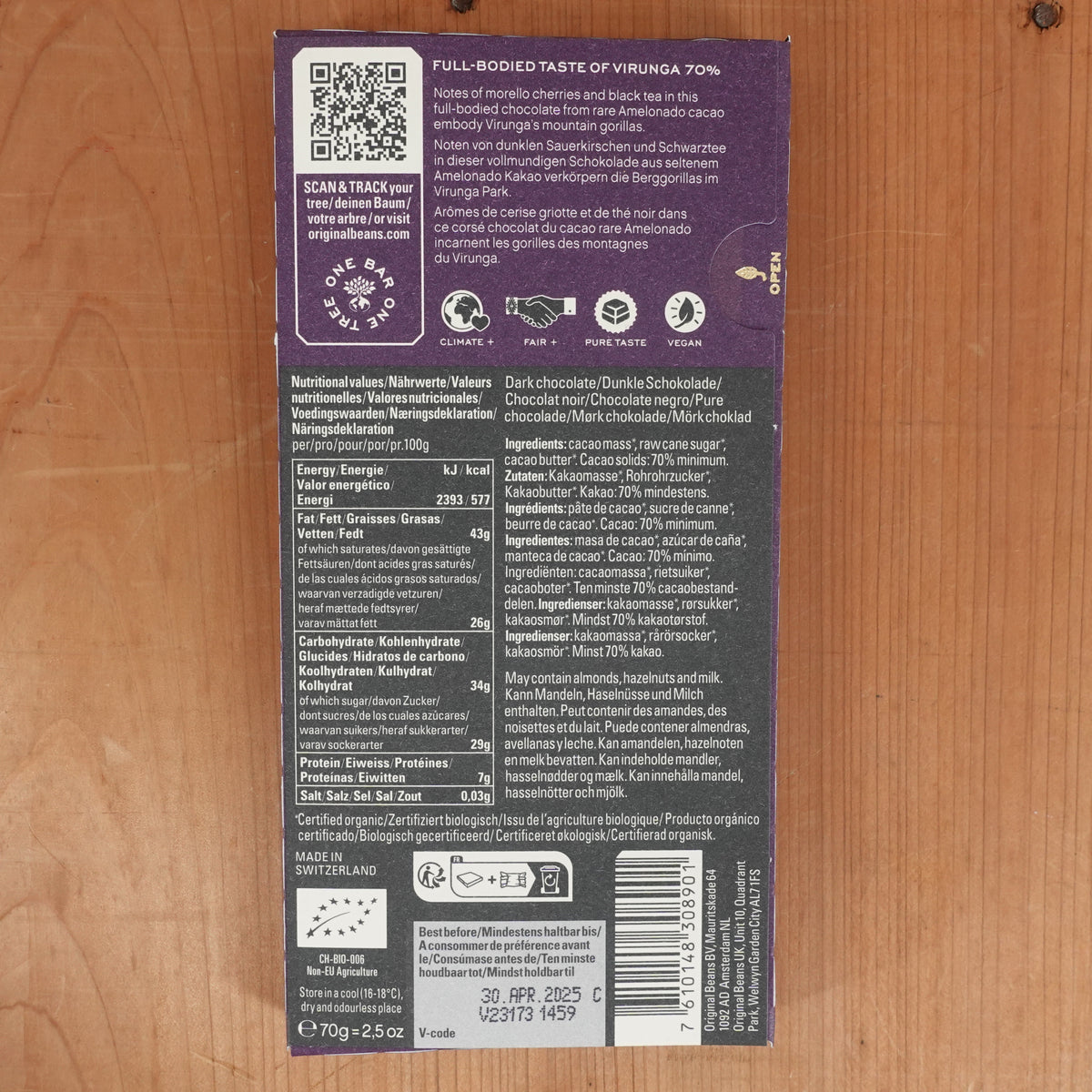 Original Beans Full-Bodied Virunga 70% Chocolate - 70g