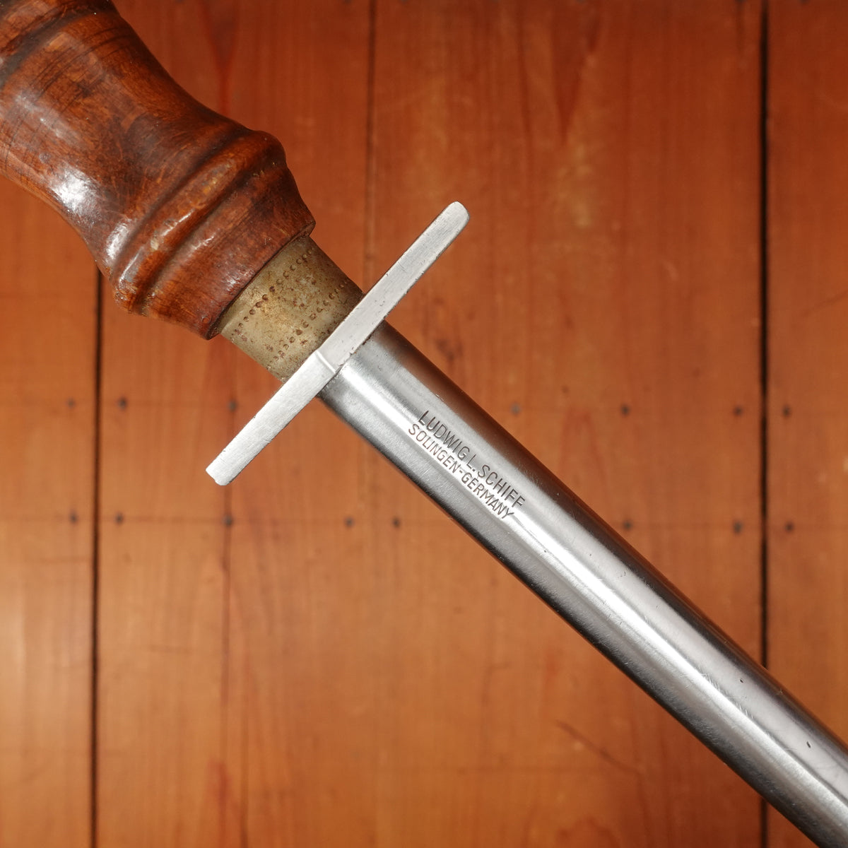 Ludwig Schiff 14" Slick Honing Rod Hard Chromed Carbon Steel Turned Wood Handle Solingen 1960s