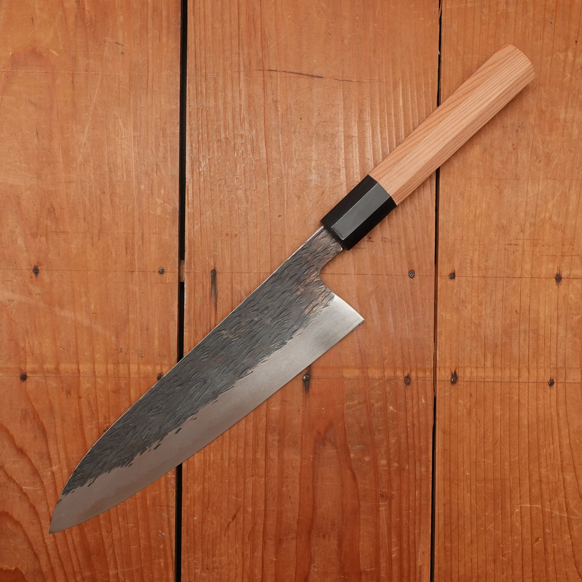 Isamitsu 210mm Gyuto Stainless Clad Shirogami 1 Kurouchi Yakusugi Cedar Handle