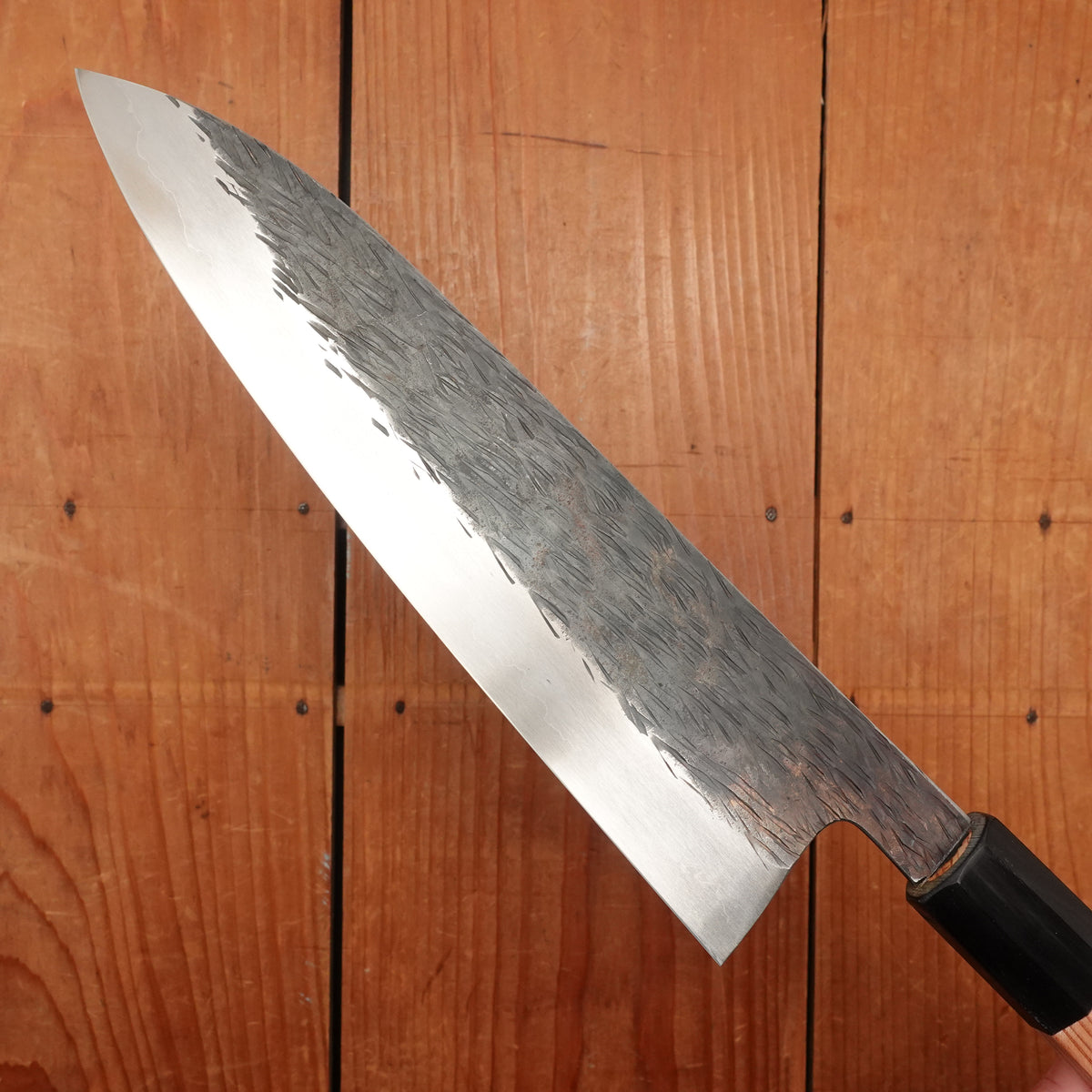 Isamitsu 210mm Gyuto Stainless Clad Shirogami 1 Kurouchi Yakusugi Cedar Handle