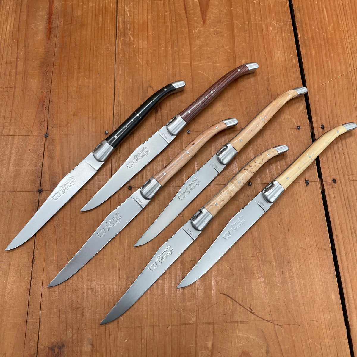 Au Sabot Laguiole Steak Knife Set 6 Mixed Wood In Oak Box