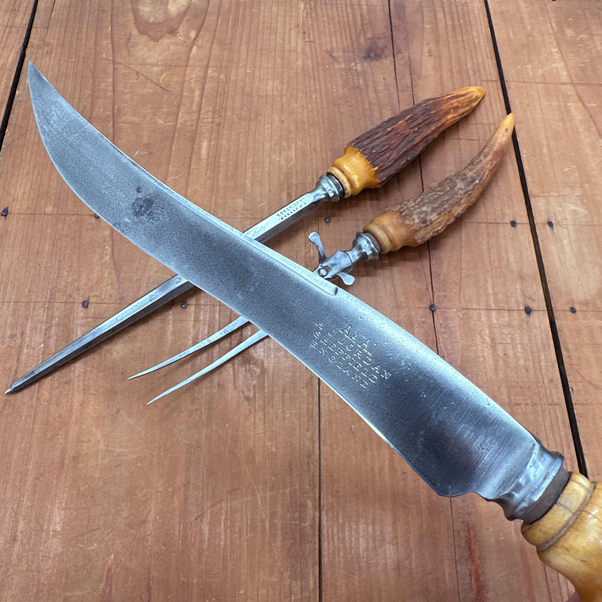 Vintage A J Jordan AAA1 Carving Set Curved Blade Horn Tip Handles Sheffield, England 1880-1920s - 3 Pieces