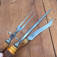 Vintage A J Jordan AAA1 Carving Set Curved Blade Horn Tip Handles Sheffield, England 1880-1920s - 3 Pieces