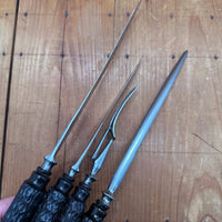 Vintage A J Jordan AAA1 Carving Set Curved Blade Carved Horn Tip Handles Sheffield, England 1880-1920s - 4 Pieces