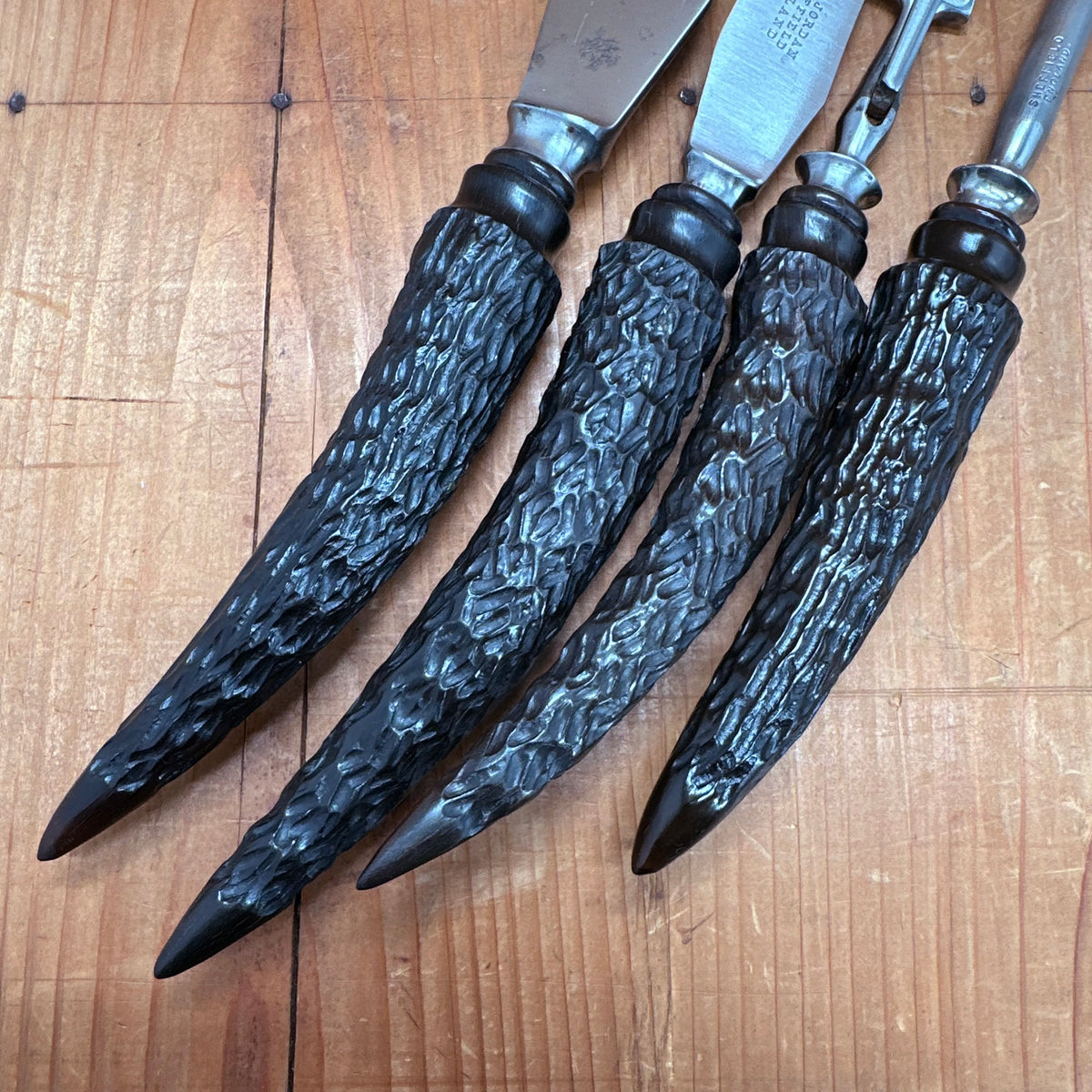 Vintage A J Jordan AAA1 Carving Set Curved Blade Carved Horn Tip Handles Sheffield, England 1880-1920s - 4 Pieces
