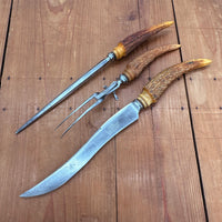 Vintage A J Jordan AAA1 Carving Set Curved Blade Horn Tip Handles Sheffield, England 1880-1920s - 3 Pieces