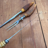 Vintage A J Jordan AAA1 Carving Set Curved Blade Horn Tip Handles Sheffield, England 1880-1920s - 3 Pieces