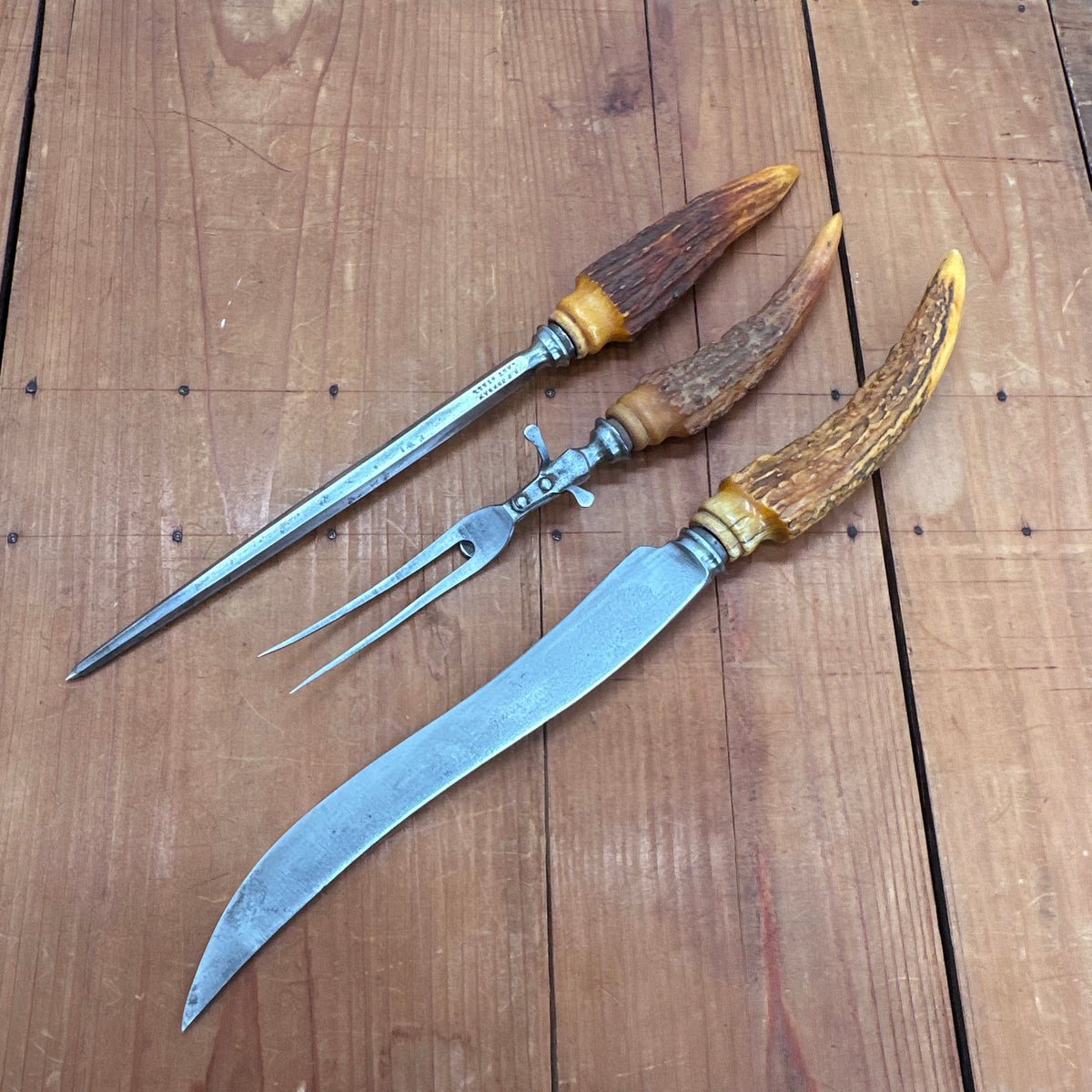 Vintage A J Jordan AAA1 Carving Set Curved Blade Horn Tip Handles Sheffield, England 1880-1920s - 3 Pieces