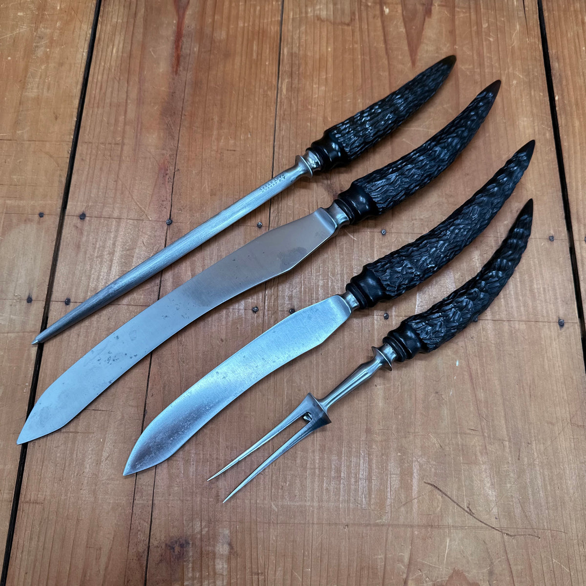 Vintage A J Jordan AAA1 Carving Set Curved Blade Carved Horn Tip Handles Sheffield, England 1880-1920s - 4 Pieces