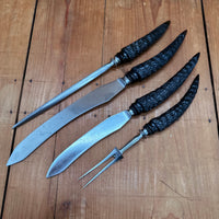 Vintage A J Jordan AAA1 Carving Set Curved Blade Carved Horn Tip Handles Sheffield, England 1880-1920s - 4 Pieces