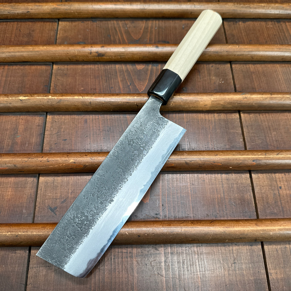 Wakui 165mm Nakiri V2 Carbon Kurouchi Nashiji Ho Octagonal