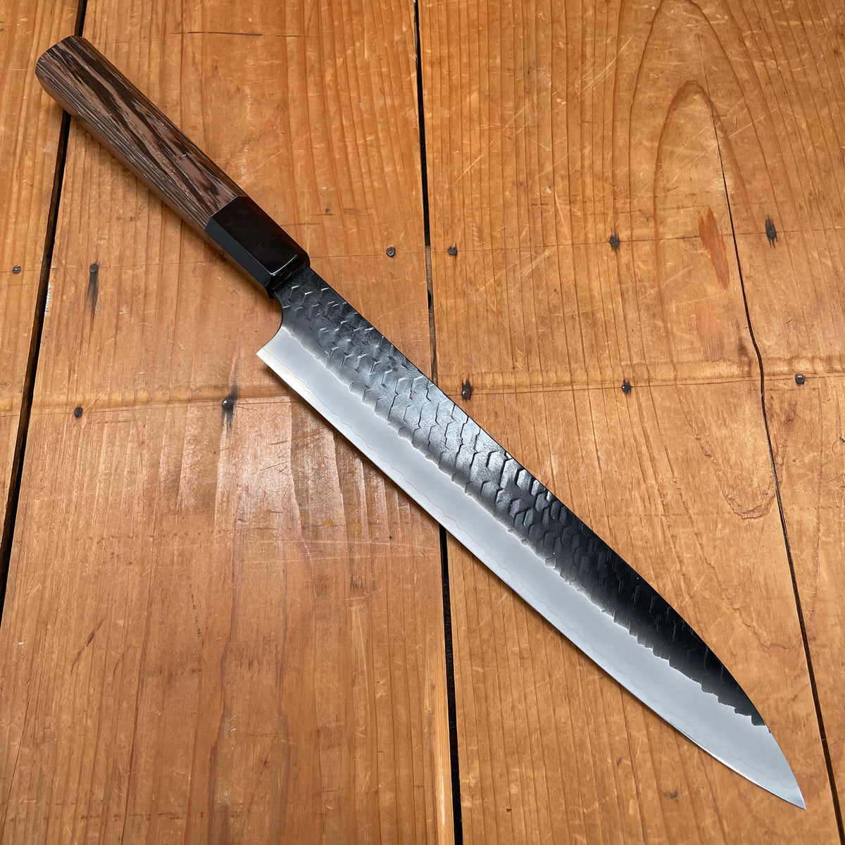 Nigara Hamono 240mm Sujihiki SG2 Kurouchi Tsuchime Wenge & Horn Handle