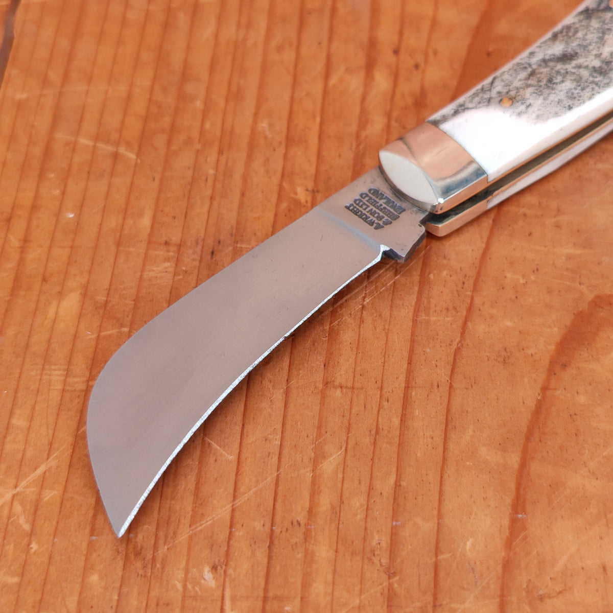 A Wright & Son Pruner 3 1/2" End Cap Pocket Knife Carbon Steel Stag Traditional Work Filed Spring