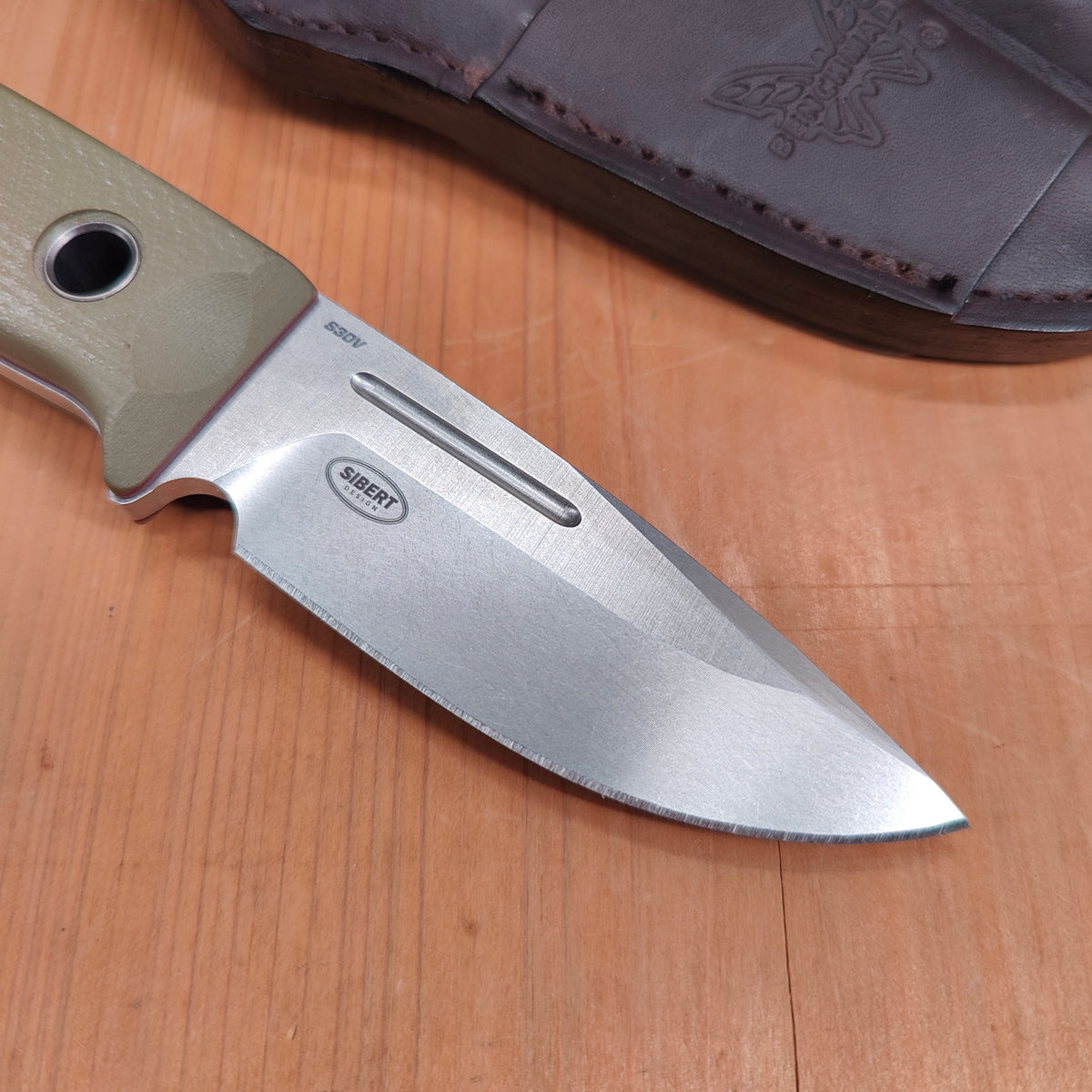 Benchmade 165-1 Mini Bushcrafter 3.4" Drop Point CPM-S30V Fixed Blade OD Green G10 Handle with Leather Sheath