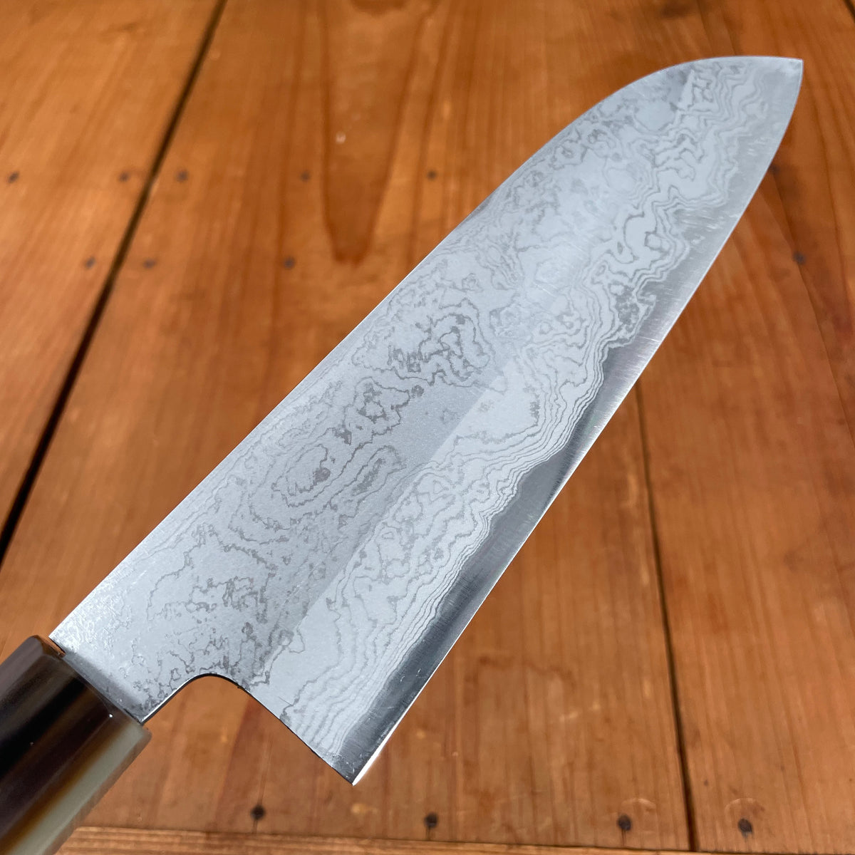 Yoshikazu Tanaka 180mm Santoku Shirogami 1 Damascus Ebony