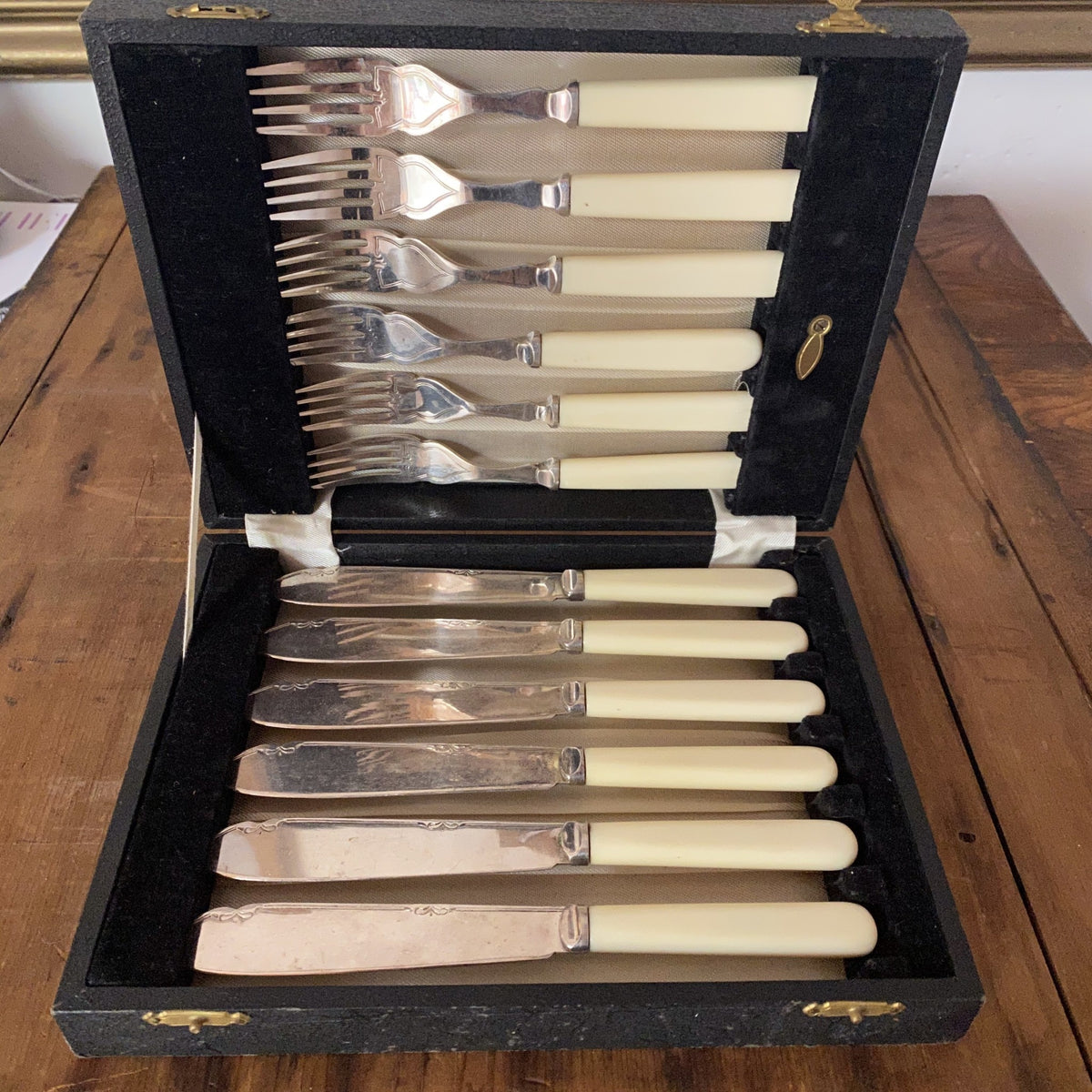 Fish Forks & Knives Silverplate & Celluloid -English 1930's?
