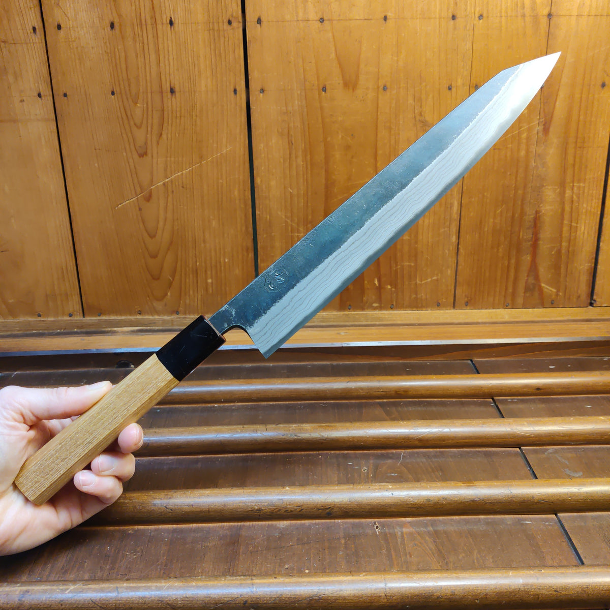 Kumokage 250mm Kiritsuke Sujihiki Aogami 2 Kurouchi Damascus Teak & Horn Handle
