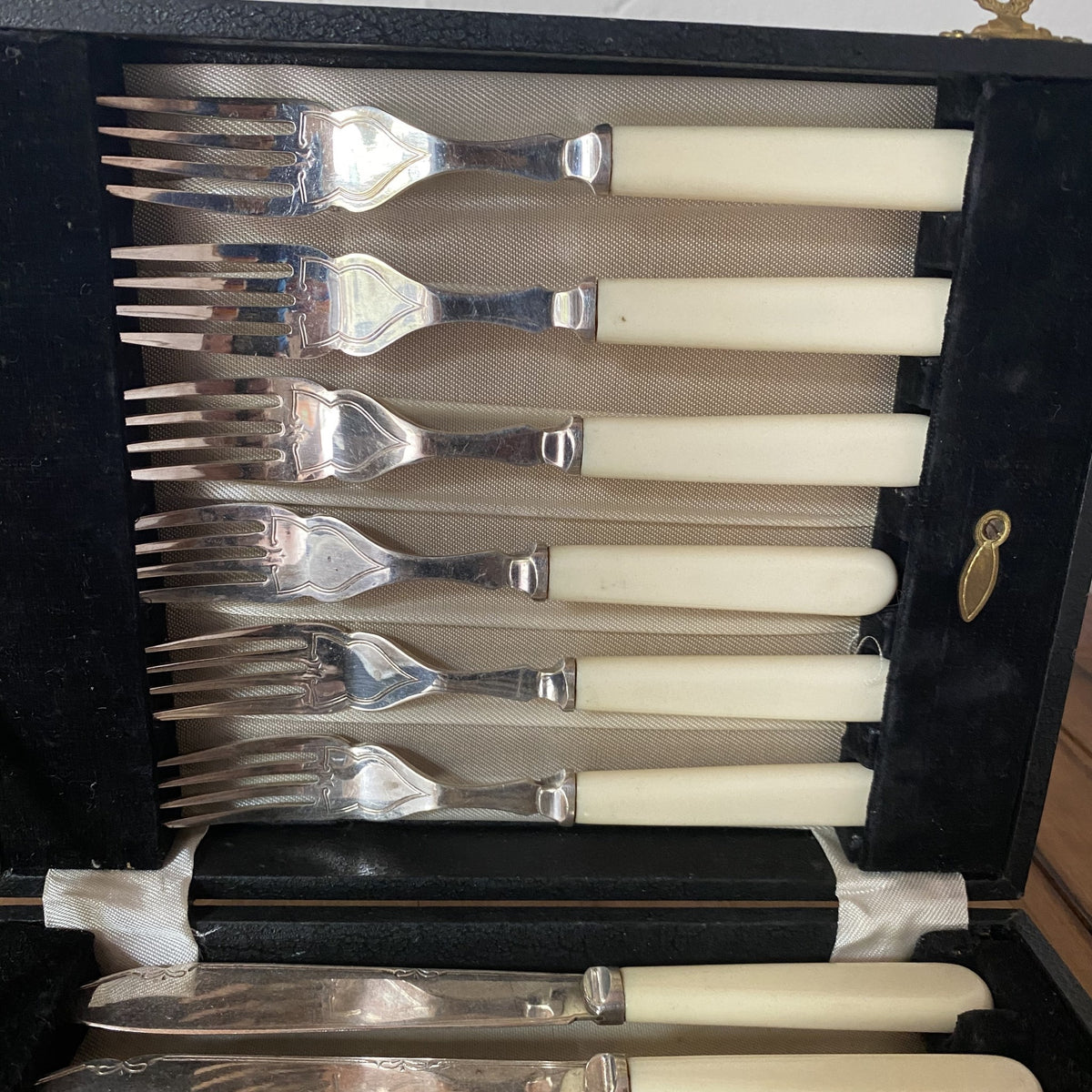 Fish Forks & Knives Silverplate & Celluloid -English 1930's?