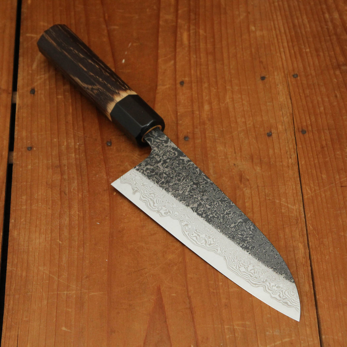 Yoshikane Hamono 165mm Santoku SLD Damascus Kurouchi Burnt Chestnut Handle