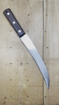 1920's to 40's era Russell Green River butcher's scimitar with refurbished, reground carbon steel blade and rosewood handle.