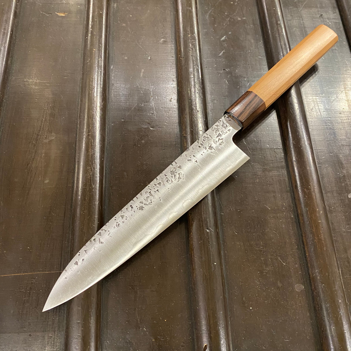 Takada no Hamono 210mm Gyuto Shirogami 2 Reika Iron Clad Octagonal Cherry & Ebony Handle