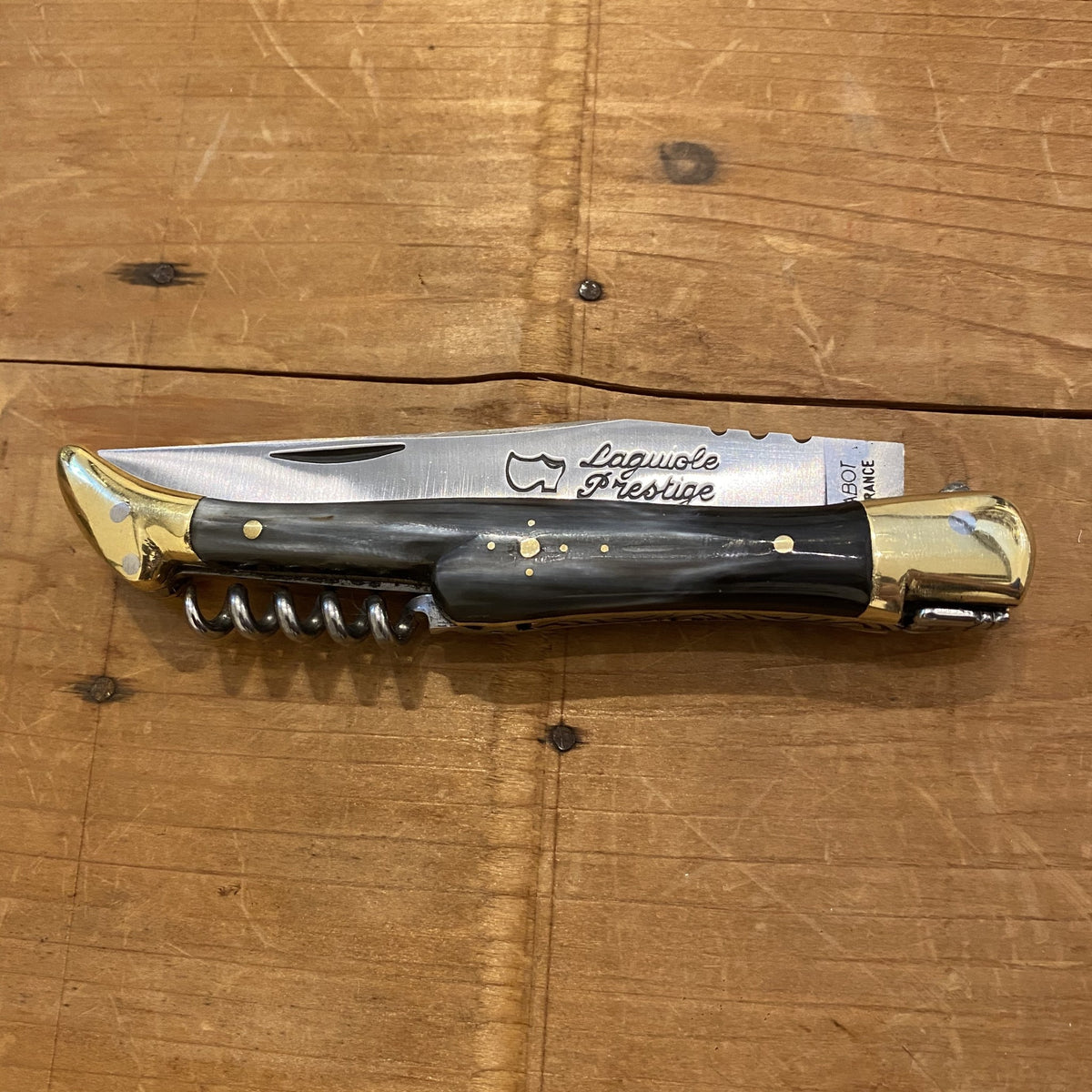 Au Sabot Laguiole 12cm Pocket Knife Carbon Horn 2 Brass Bolsters with Corkscrew