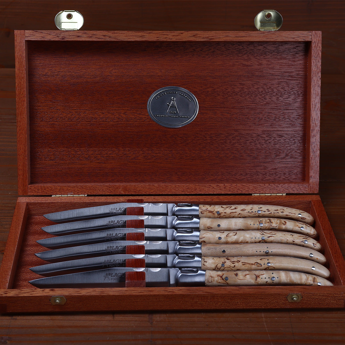 Fontenille Pataud Laguiole Steak Knife Set Stainless Curly Birch Handles - 6 Pieces