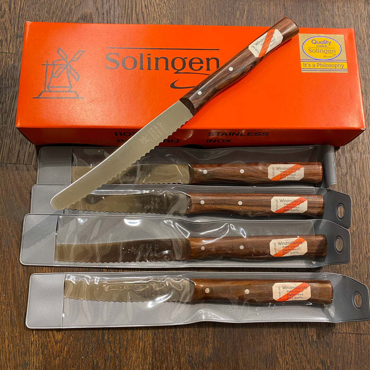 Windmühlenmesser New Old Stock 4.25" Tomato Knife Round Tip Stainless Palissander 1960-80 - 5 Pieces