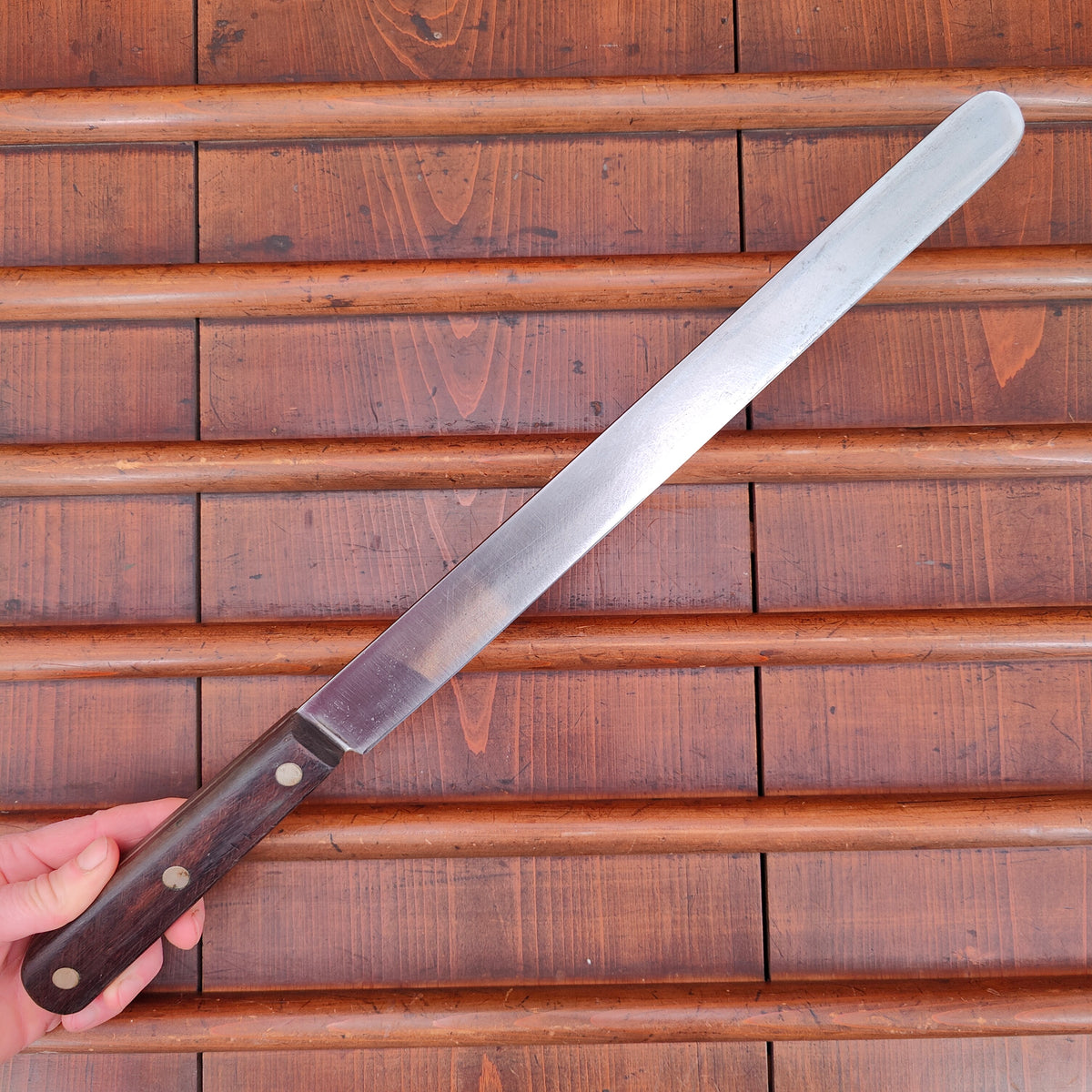 Unmarked 12" Round Tip Slicer Carbon Steel Rosewood American 1930's-60's