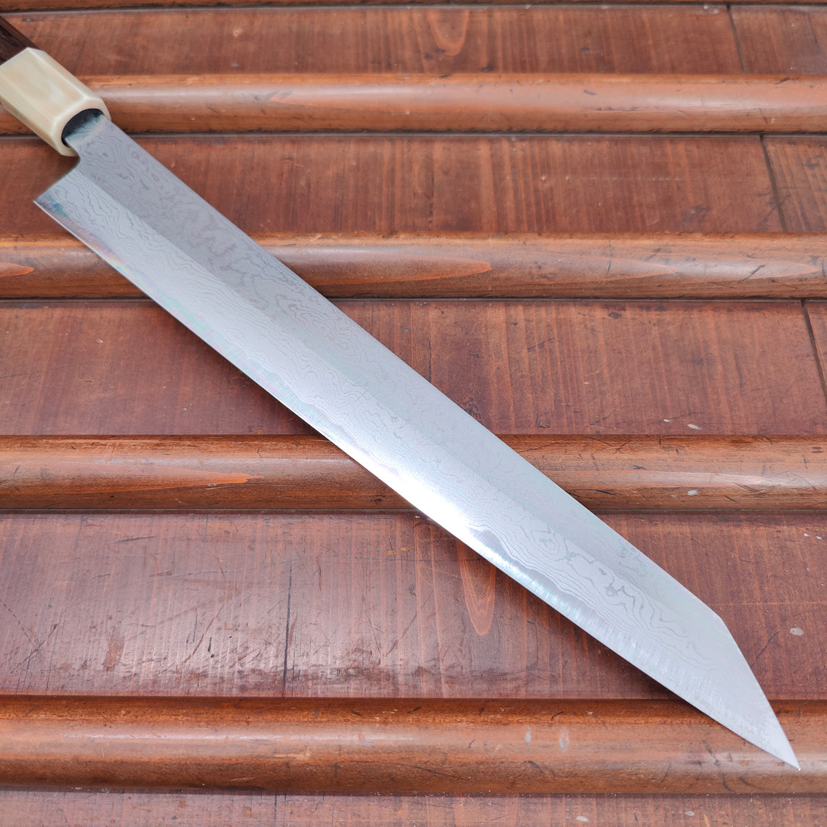 Yoshikazu Tanaka 270mm Kiritsuke Sujihiki Shirogami 1 Damascus Ebony