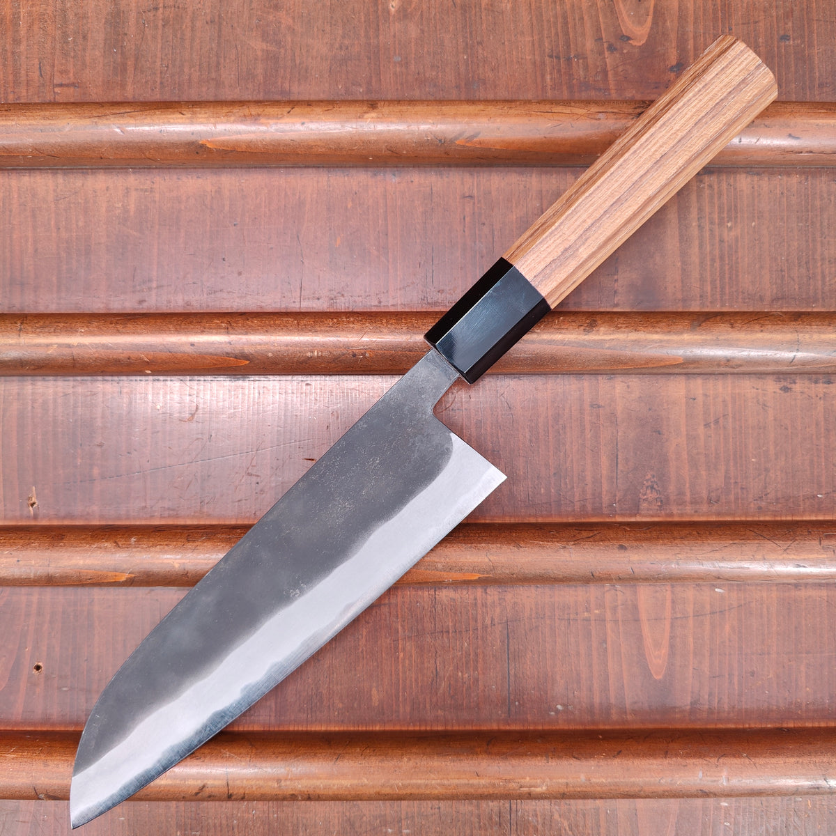 Kamo Shiro 180mm Santoku Aogami Super Kurouchi Teak Horn