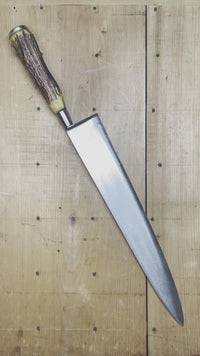 A set of American stick tang knives with stag re-handles was found in a large collection recently, they are a little bit of a mystery but are nicely done and are excellent late 19th to early 20th century forged blades. Certainly not factory production handles however. While thought of largely as a French style knife (especially after the city of Nogent) the stick tang with collar design was used all over Europe, the UK and the USA.