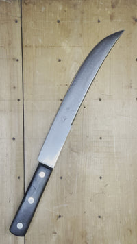 Ed Wusthof (est 1814) 11" butcher's scimitar with 1894 Trident logo on hand forged carbon steel blade (tapered tang) with ebony handle riveted with old style steel pin and nickel washer pin and disc rivets. Blade is fairly full but had a fair amount of pitting from rust which required a thinning and re-facing.
