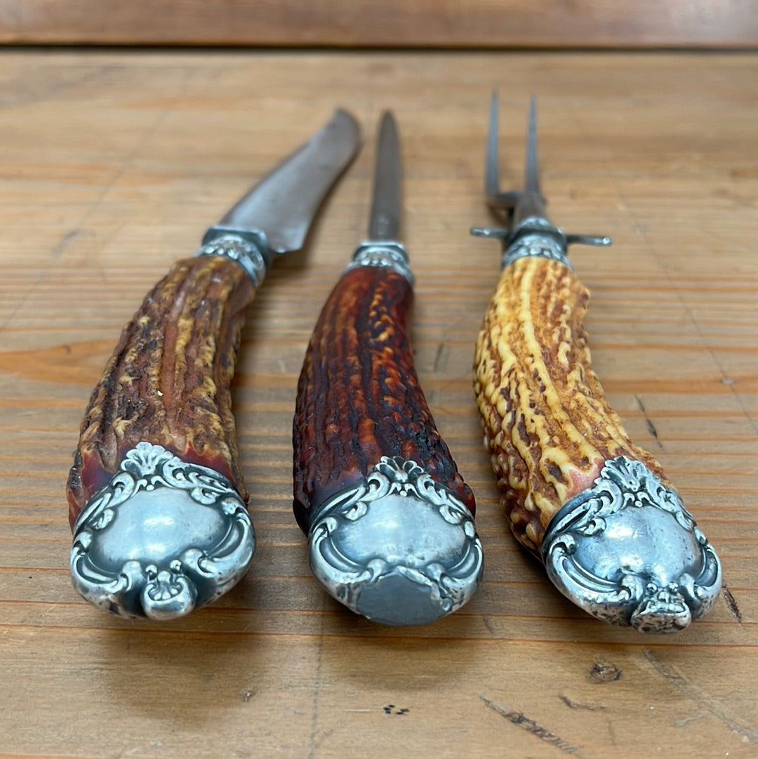 Landers Frary & Clark Aetna Works Carving Set Carbon Steel Sterling Stag ~1880's-1910's