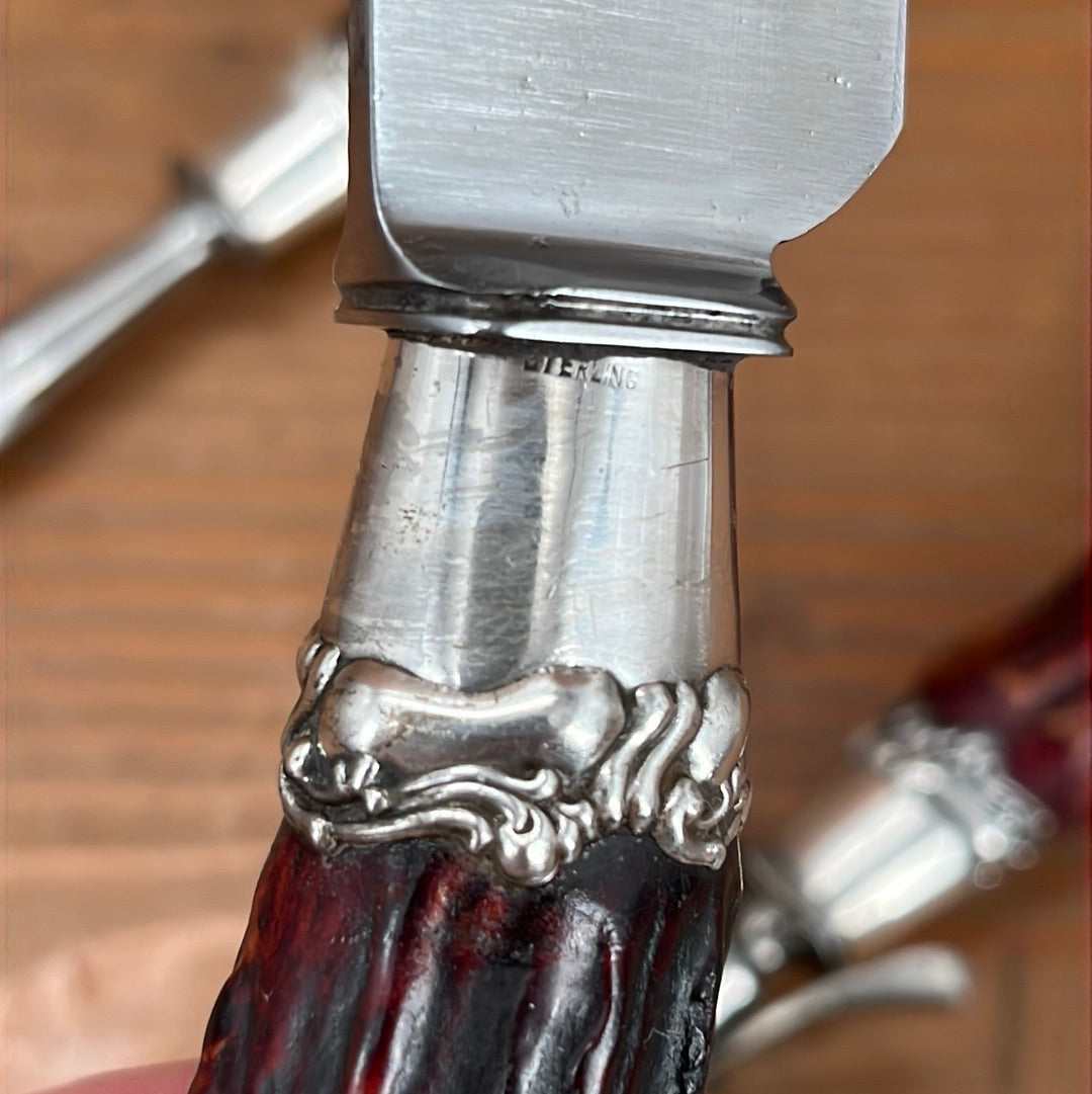Landers Frary & Clark Aetna Works Carving Set Carbon Steel Large Sterling Ferrules Stag ~1880's-1910's