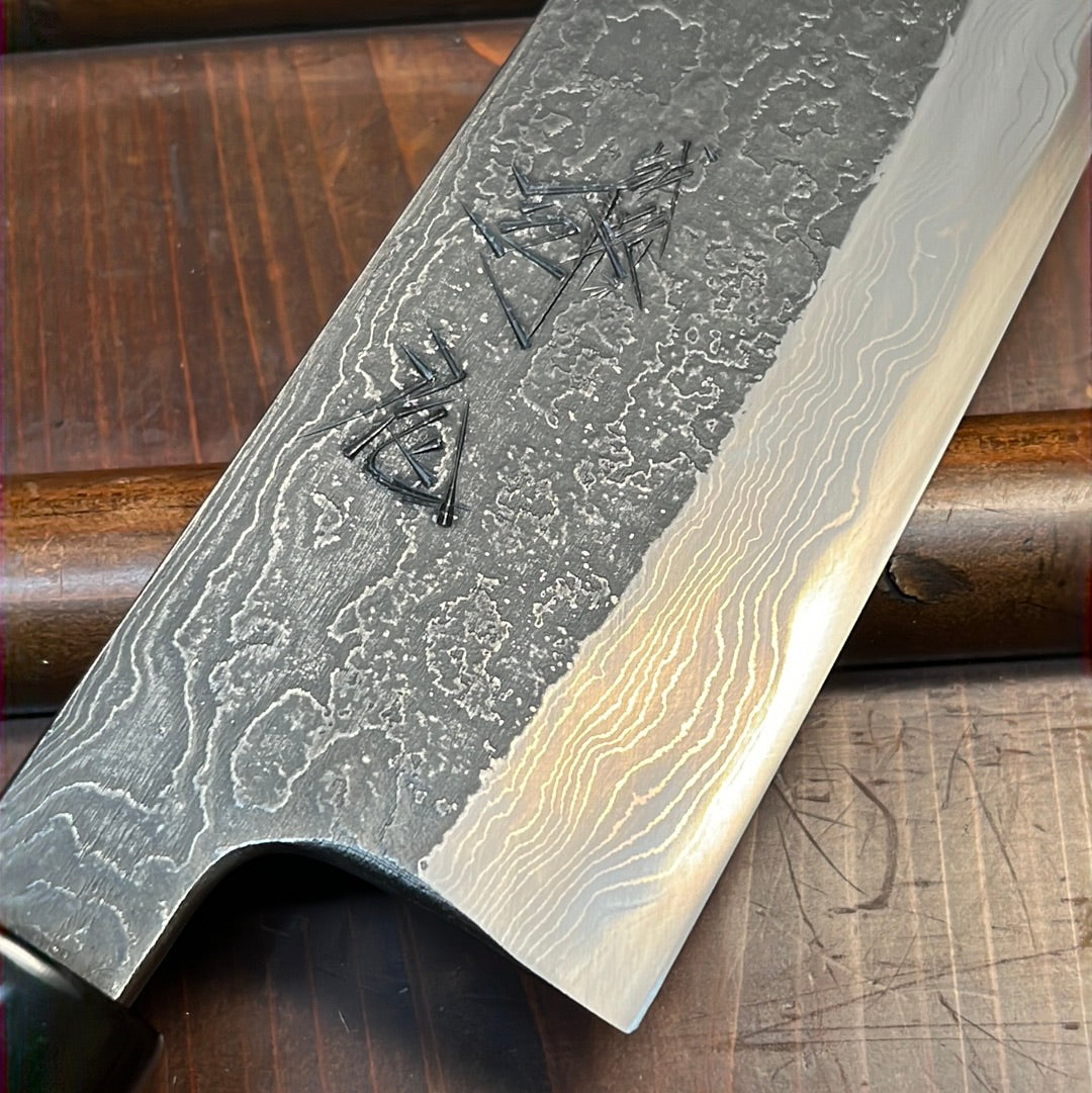 Tsukasa Hinoura 240mm Gyuto Shirogami Warikomi Kitaeji Suminagashi Double Horn Enju