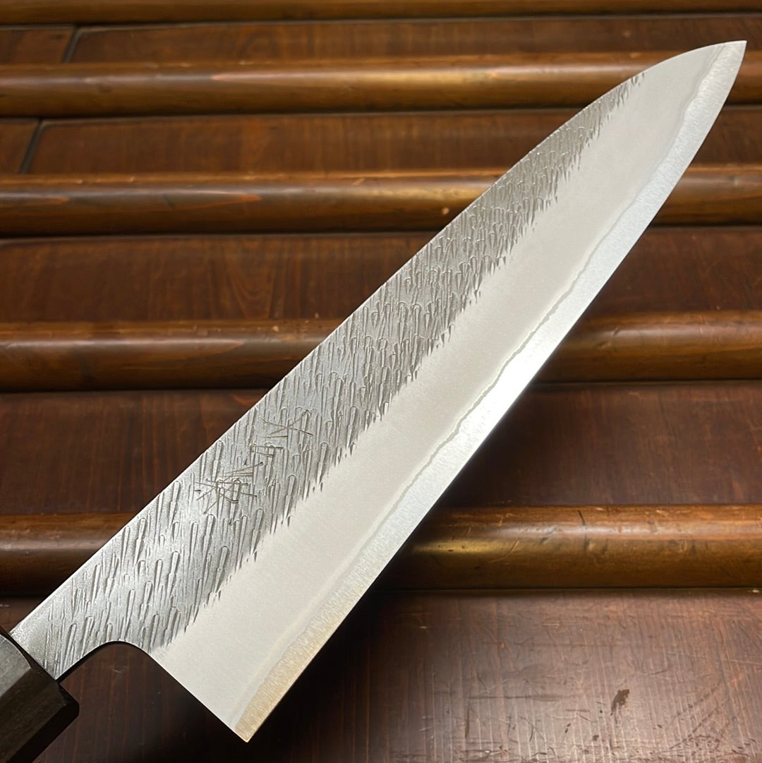 Yoshikane Hamono 210mm Gyuto Shirogami 2 Kurouchi Tsuchime Enju with Double Ebony Ferrule