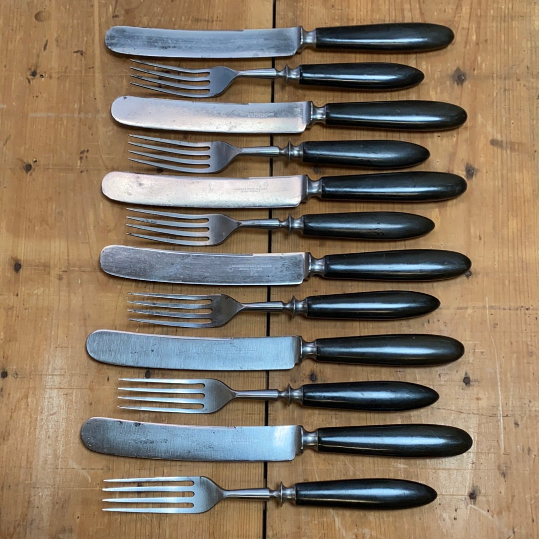 L F & C Aetna Works Set Of Forks & Knives Carbon Steel Gutta Percha 1870’s-90’s