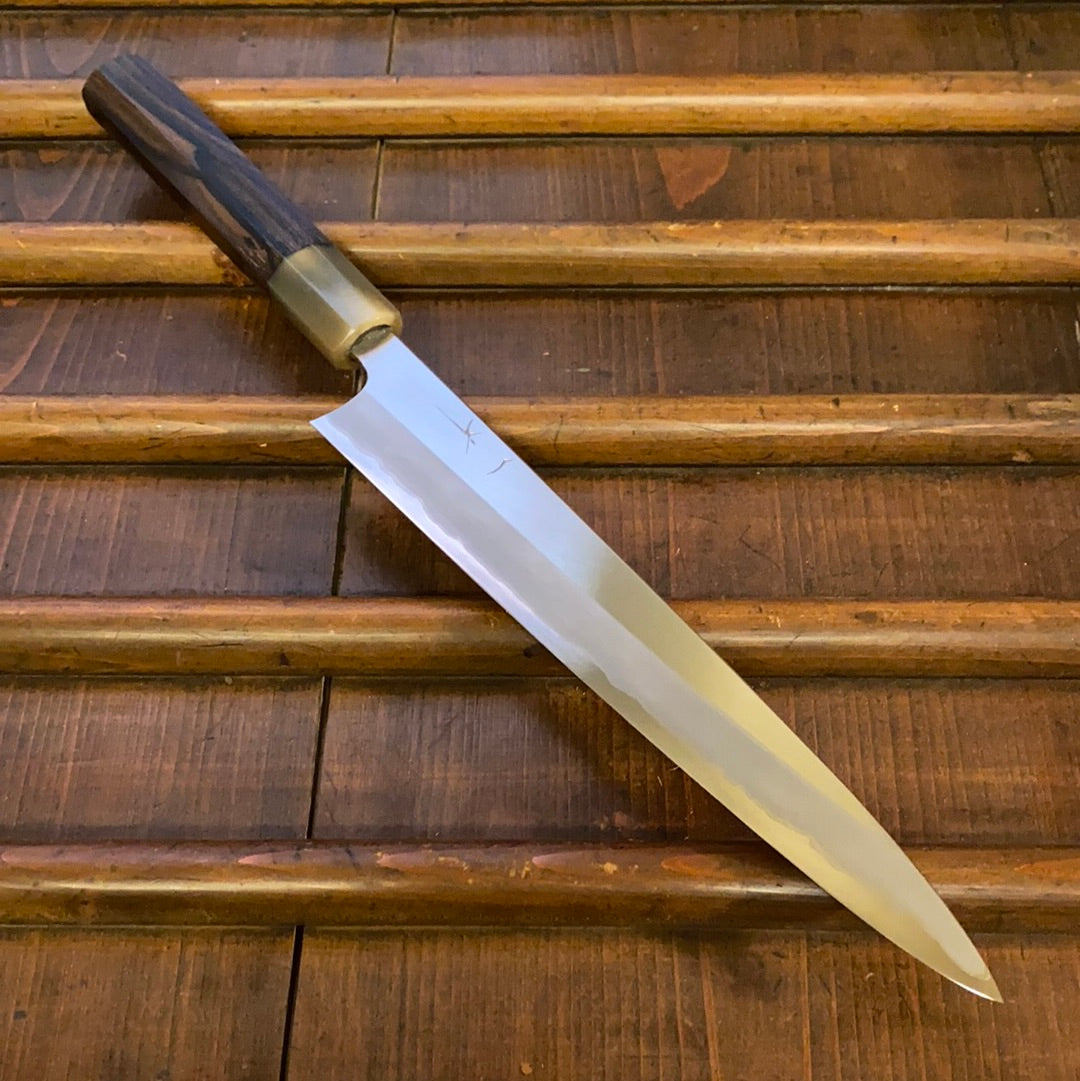 Hitohira Togashi 240mm Sujihiki Stainless Clad Shirogami 1 Ziricote Handle