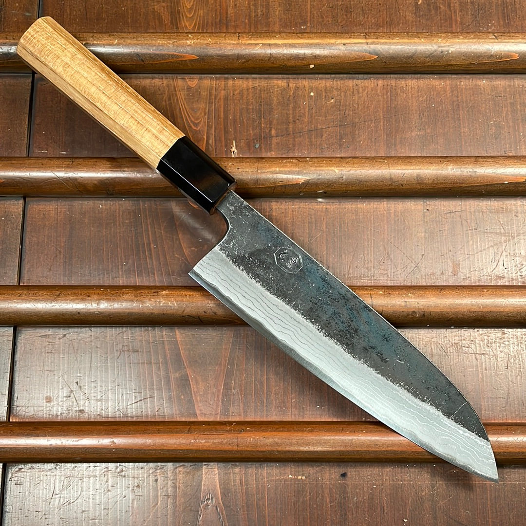 Kumokage 180mm Santoku Aogami 2 Kurouchi Carbon Damascus Oct Teak Horn