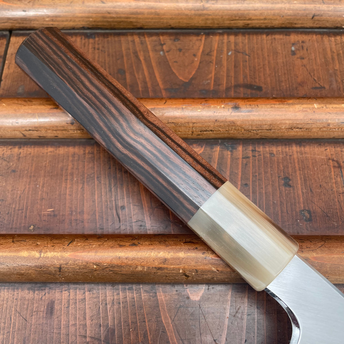 Hitohira Togashi 210mm Gyuto Stainless Clad Aogami 1 Migaki Taihei Makassar Ebony Handle