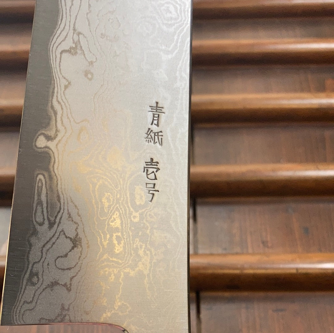 Sakai Kikumori Tanaka x Bernal Cutlery Sori 225mm Kiritsuke Gyuto Aogami 1 Suminagashi