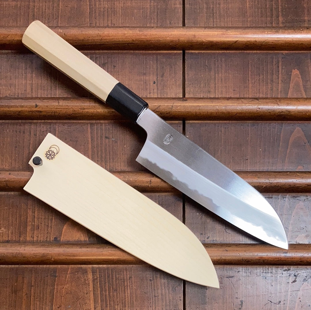 Sakai Kikumori Kikuzuki Kasumi 180mm Santoku Shirogami 2 with Saya