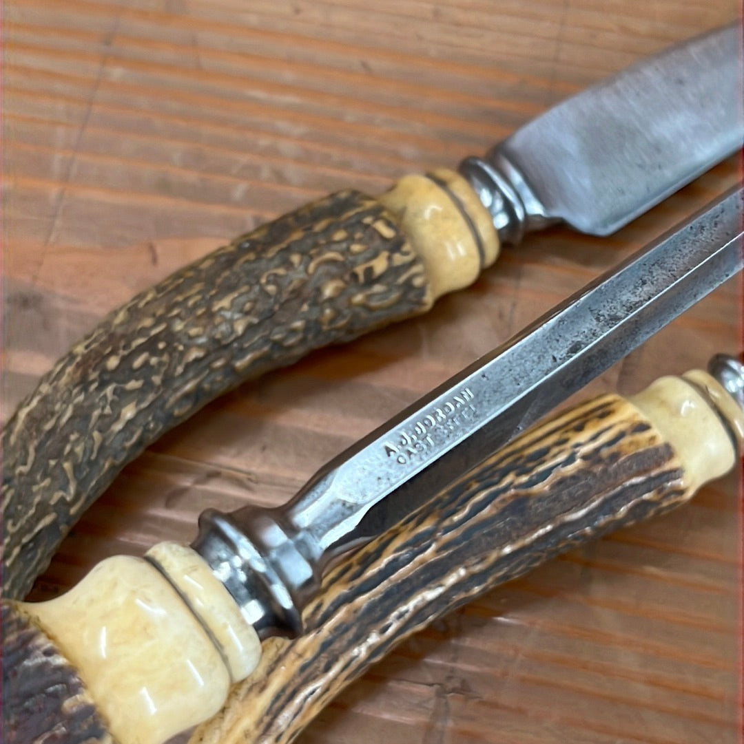 A J Jordan Carving Set AAA1 Sheffield England Curved Blade Horn Tip Handles 1880's-1920's