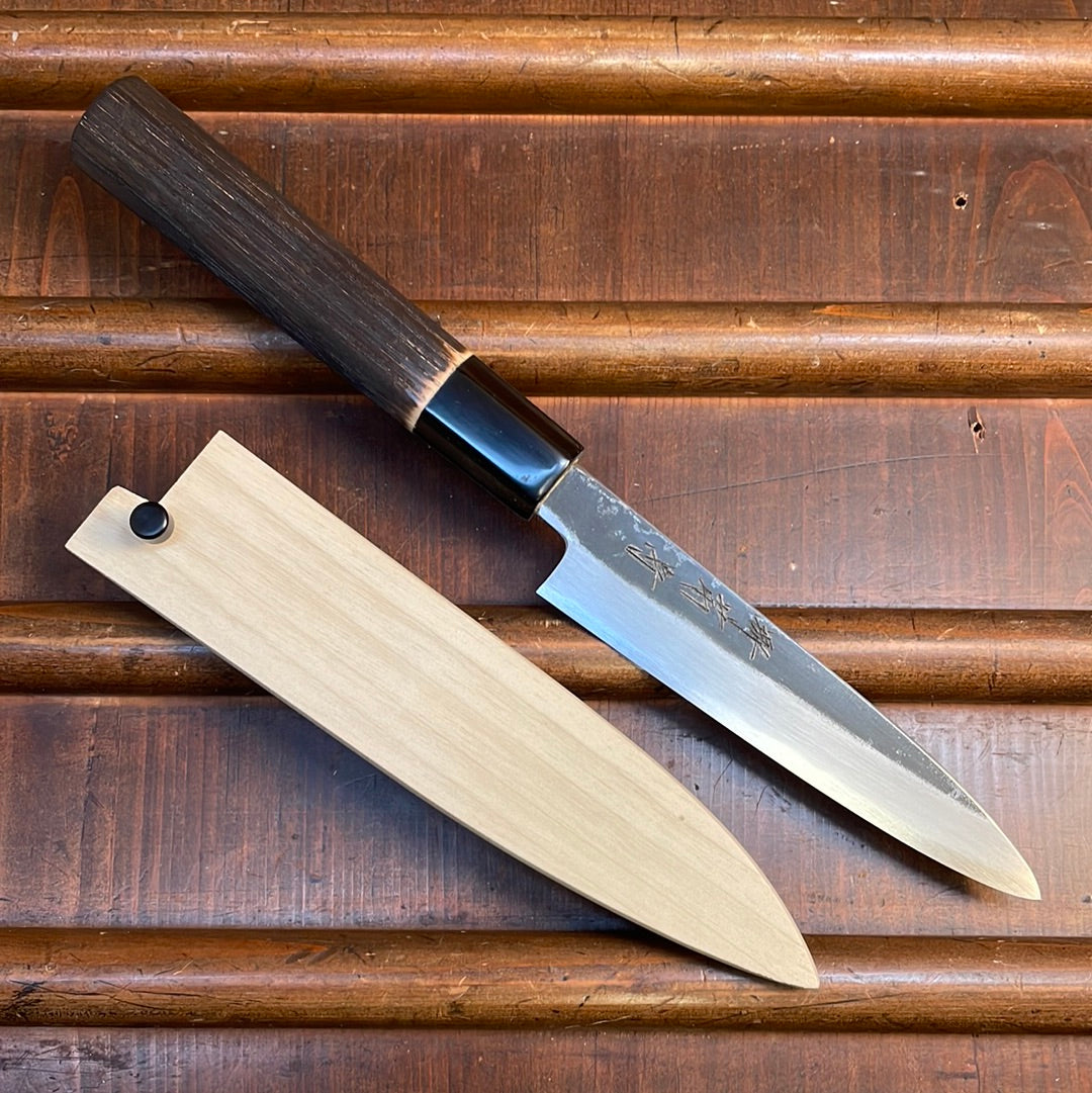 Sakai Kikumori Nakagawa x BC 135mm Petty Aogami 1 Kurouchi Burnt Chestnut with Saya