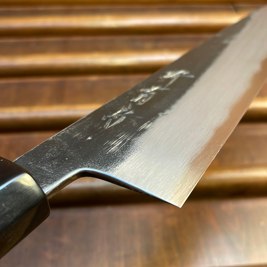 Sakai Kikumori Nakagawa 240mm Gyuto Aogami 1 Kurouchi Burnt Chestnut with Saya