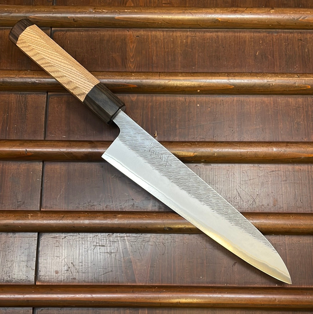 Yoshikane Hamono 210mm Gyuto Shirogami 2 Kurouchi Tsuchime Enju W Double Ebony Ferrule