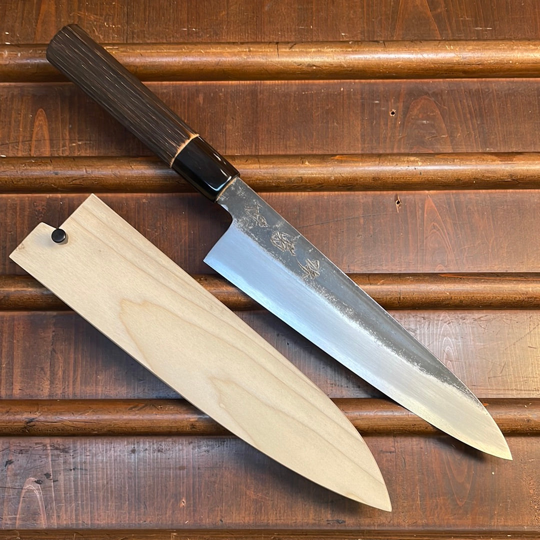 Sakai Kikumori Nakagawa 210mm Gyuto Aogami 1 Kurouchi  Burnt Chestnut with Saya